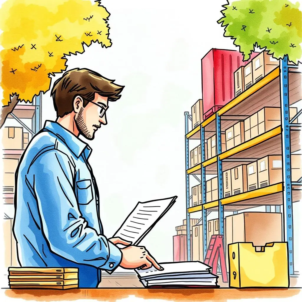 A supplier quality engineer assesses documents in a warehouse setting.