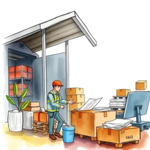 A supplier quality engineer reviewing evaluations in a warehouse setting.