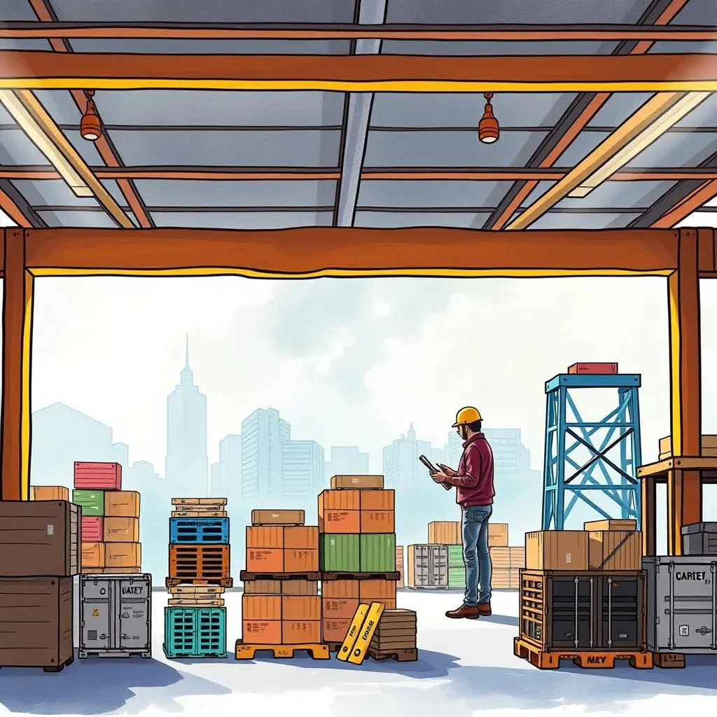 Supplier scorecard generator: Evaluate supplier performance metrics easily 1 Warehouse scene with worker evaluating supplier performance data and metrics.