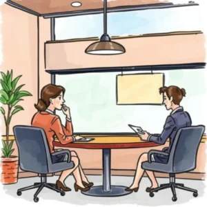 Two professionals discussing meeting summaries in a modern office setting.