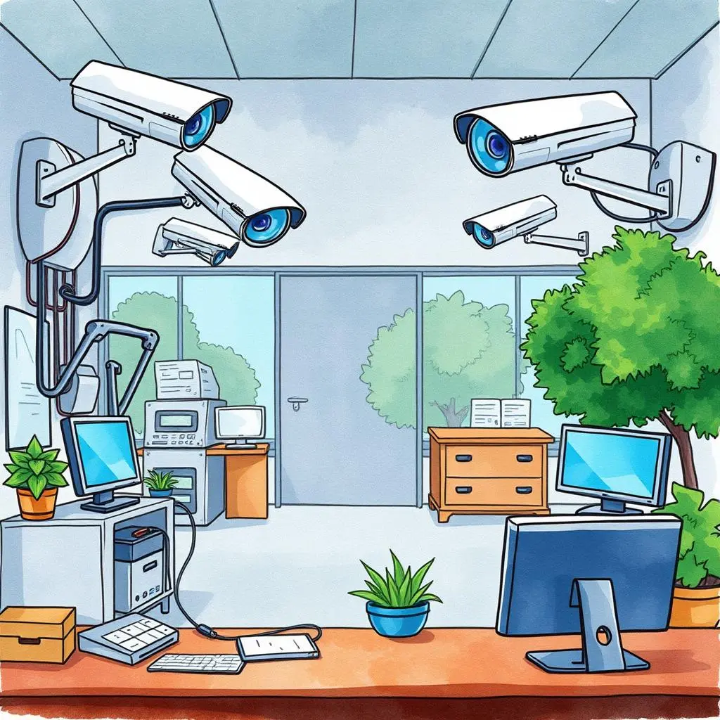 Surveillance system upgrade advisor: Recommend improvements for surveillance systems 1 Secure office environment featuring multiple surveillance cameras and monitoring equipment.