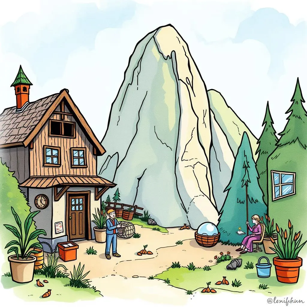 Impact significance analyzer: Assess the relevance of sustainability issues 1 A serene landscape featuring a house, mountains, and people engaged in outdoor activities.