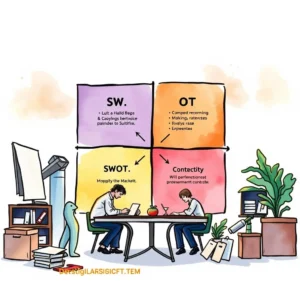 SWOT Assessment Tool visual depicting a corporate strategy session with analysts engaging in SWOT analysis