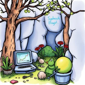 A whimsical cartoon scene of a computer displaying a rising graph with plants and a duck in a natural setting
