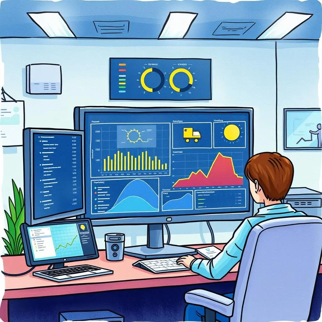 A user analyzes system data on multiple screens in an IT monitoring setup.