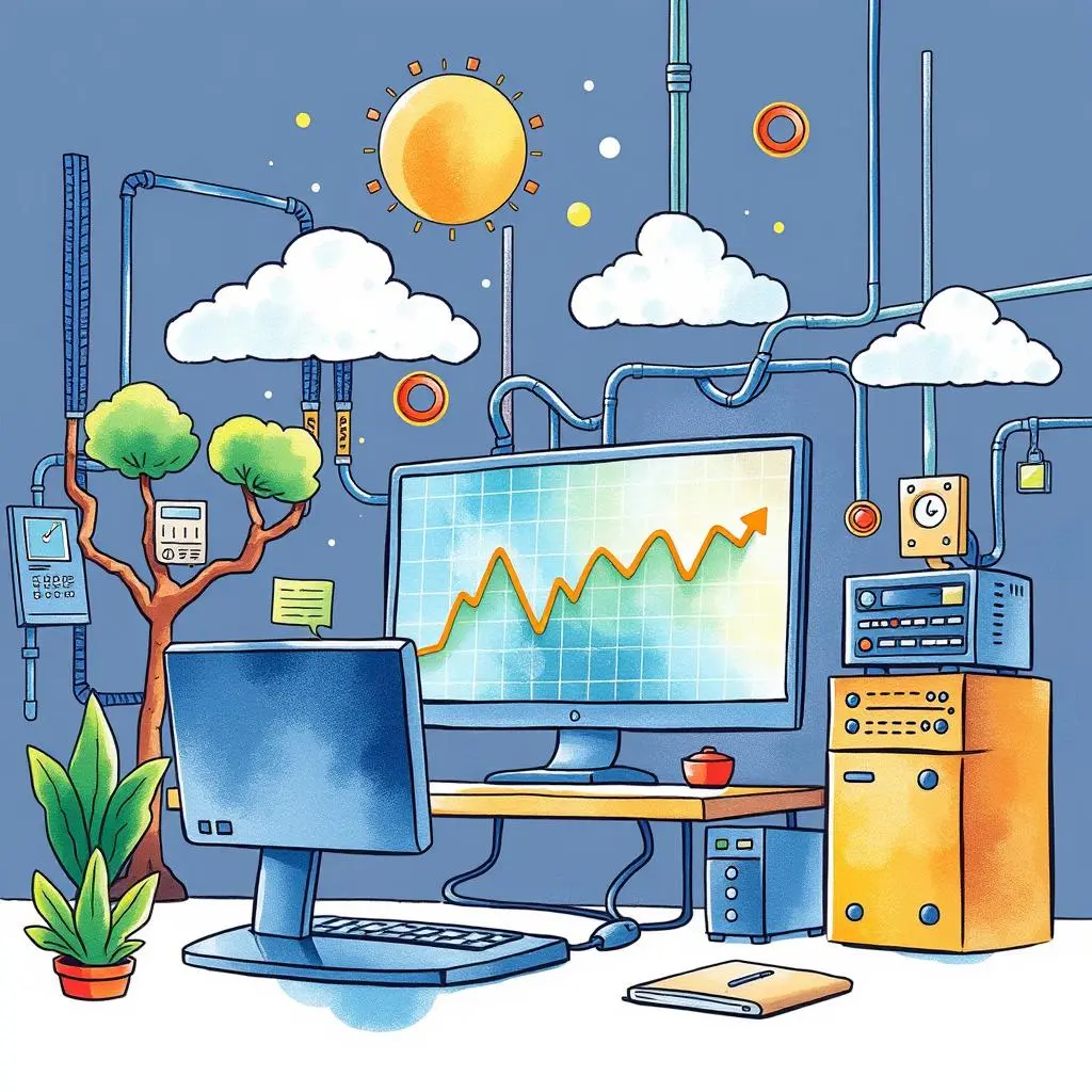 A vibrant illustration of a computer setup displaying system uptime trends for availability reporting