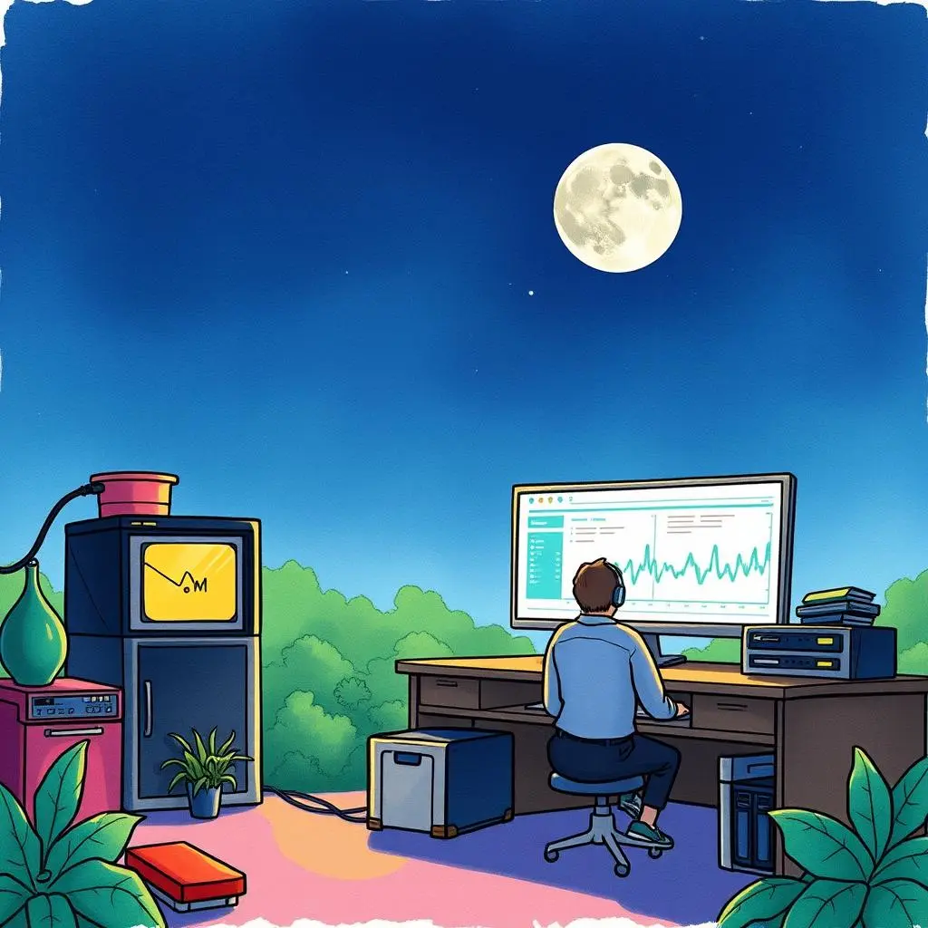 A person monitors backup data on a computer in a serene outdoor setting at night under the moonlight