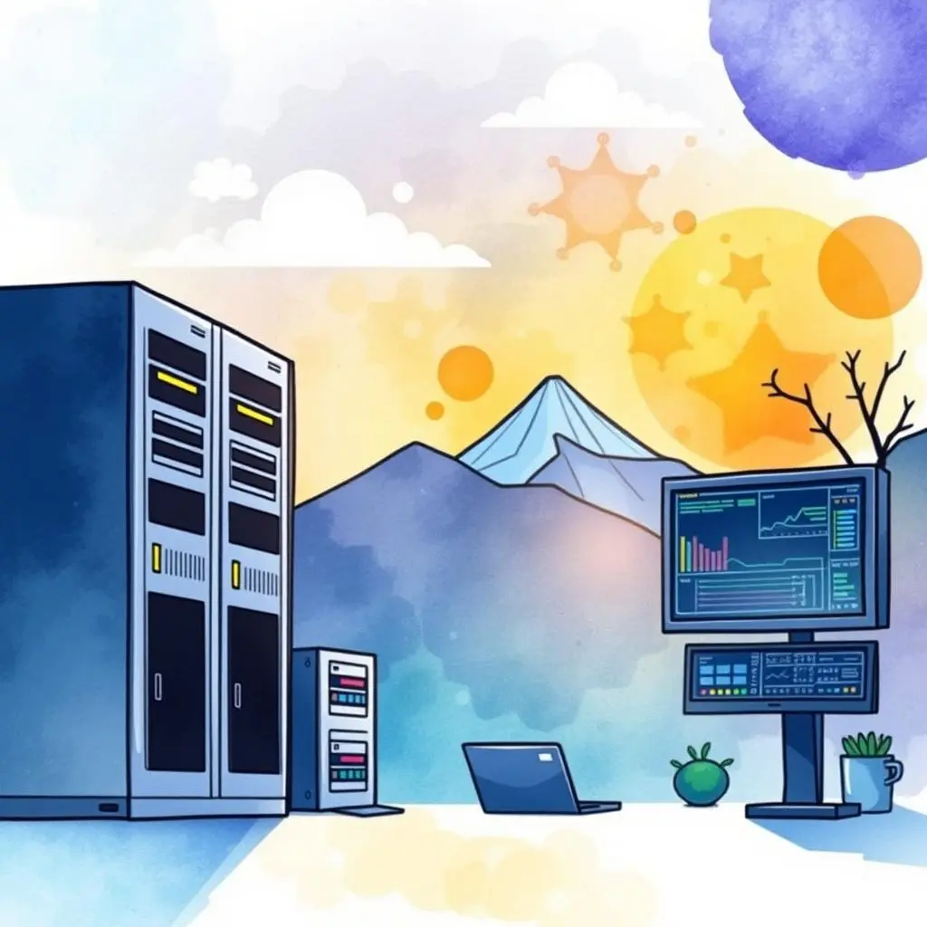 Backup Health Checker utility illustration showcasing servers and system monitoring tools in a serene landscape