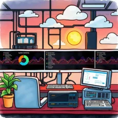 A workspace with multiple monitors displaying system monitoring data during sunset.