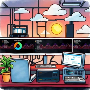 A workspace with multiple monitors displaying system monitoring data during sunset.