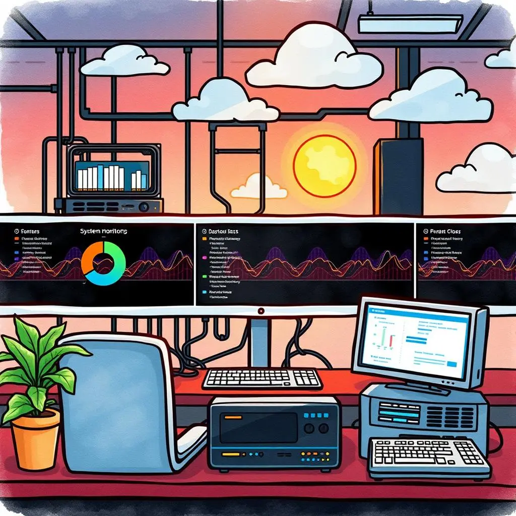 Backup log analyzer: Summarizes backup logs for easy review 1 A workspace with multiple monitors displaying system monitoring data during sunset.