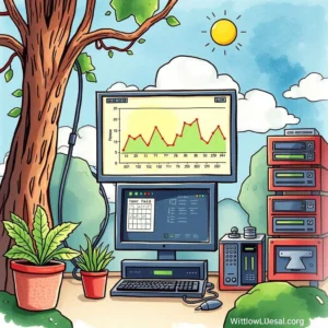 A computer setup outdoors for monitoring system usage patterns with graphs and IT equipment