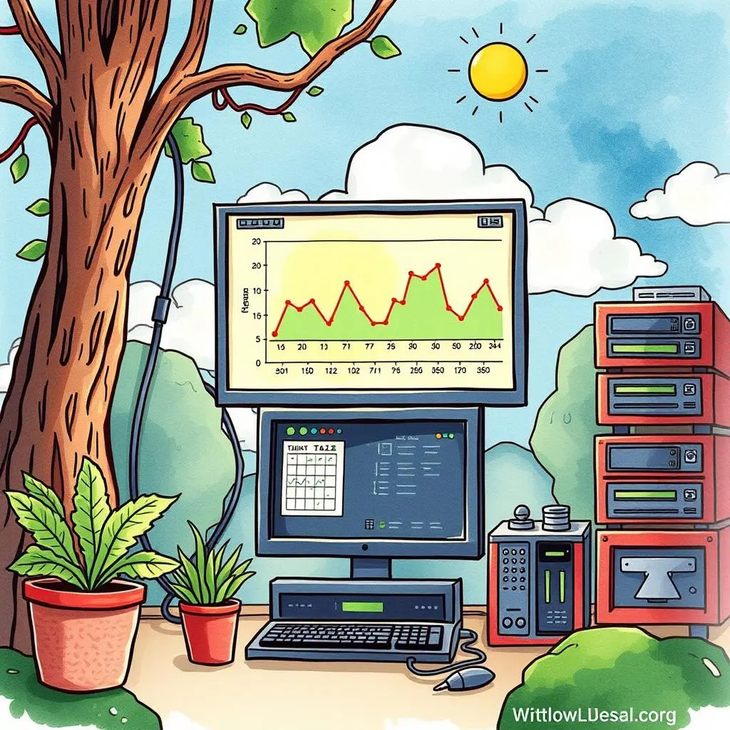 A computer setup outdoors for monitoring system usage patterns with graphs and IT equipment