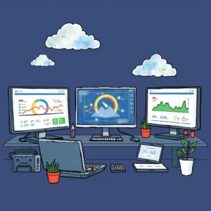 Monitors displaying colorful system health metrics in an IT workspace setup