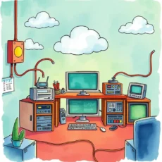 A vibrant workspace featuring computers and monitoring equipment for system health assessments