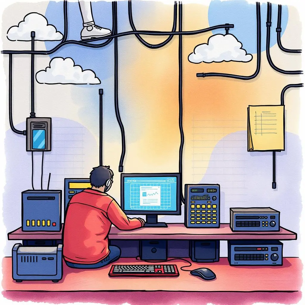 A professional working on a Latency Measurement Tool surrounded by computers and network equipment