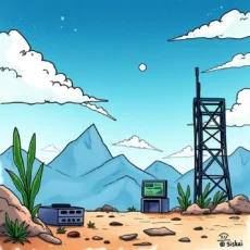 A vibrant tech landscape with a data monitor and communication tower, symbolizing system performance monitoring capabilities.