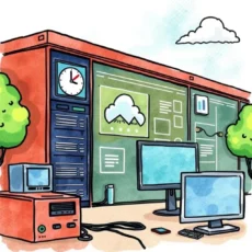 Illustration of an it monitoring setup with computers and a clock.