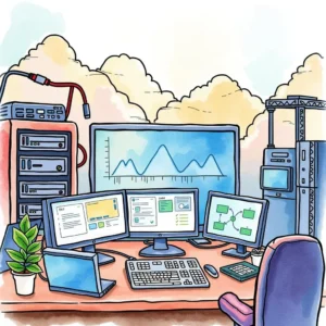 Sla comparison tool: Compare different SLAs for effective management 2 It workspace featuring multiple monitors for sla comparison and system monitoring.