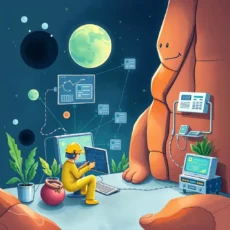 A technician in a yellow suit monitors systems and data reports in a futuristic IT environment.