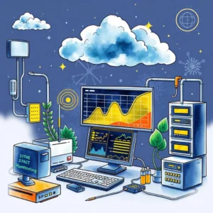 Sla trend reporter: Identify trends in SLA performance over time 7 Colorful it workspace illustrating sla performance analysis and system monitoring.