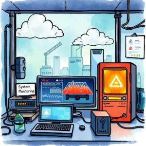 System Monitoring setup with screens displaying alerts and metrics for IT infrastructure