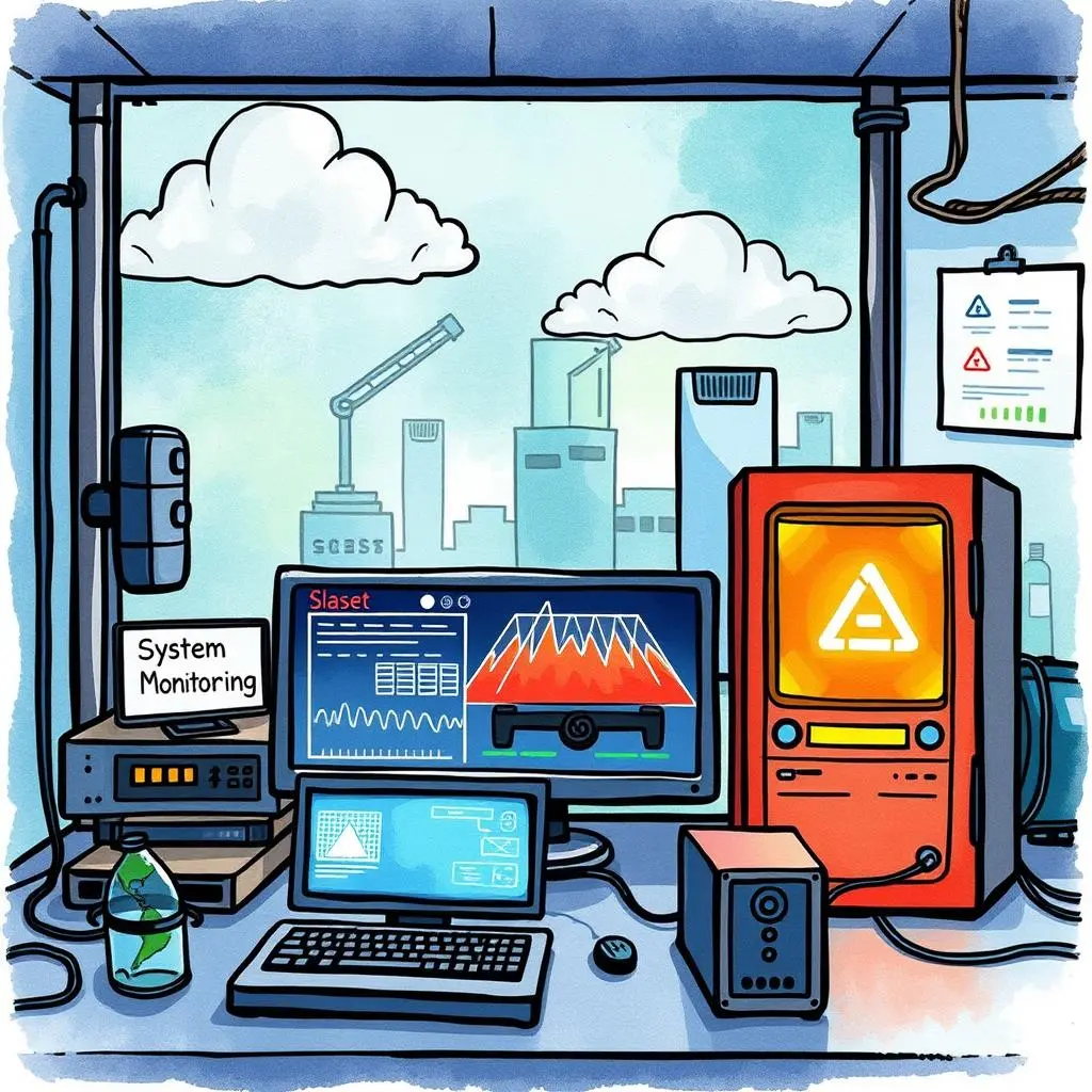 System Monitoring setup with screens displaying alerts and metrics for IT infrastructure