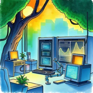 Uptime Percentage Estimator workspace featuring system monitoring displays and equipment