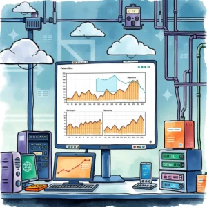 High-tech workspace featuring an analytical monitor displaying usage trend data@$$$Usage Trend Identifier Tool Visualization@$$$Analyzing historical capacity data with the Usage Trend Identifier@$$$This image showcases a modern IT workspace equipped with multiple devices and displays, highlighting the Usage Trend Identifier tool. The central monitor displays various graphs analyzing historical data, crucial for capacity planning and system monitoring, tailored for IT professionals like Capacity Planning Analysts and IT Infrastructure Managers.