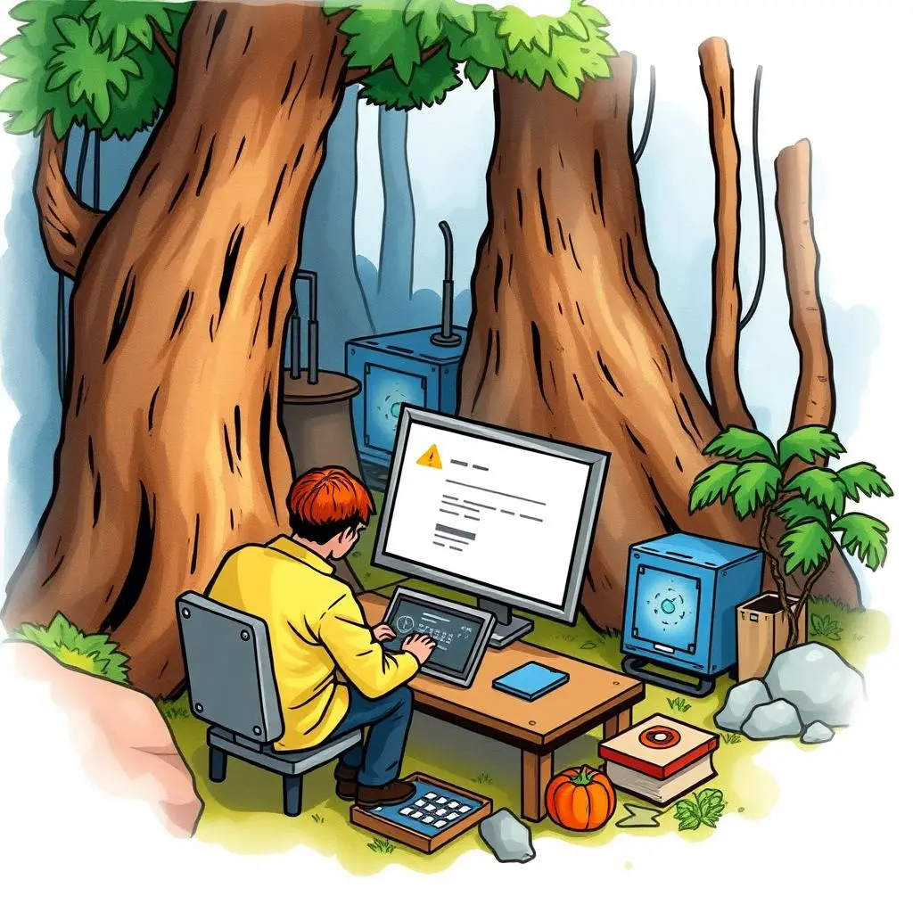 System configuration notifier: Notify users of system configuration changes 1 A person working on a computer surrounded by trees, displaying a warning message on the screen.