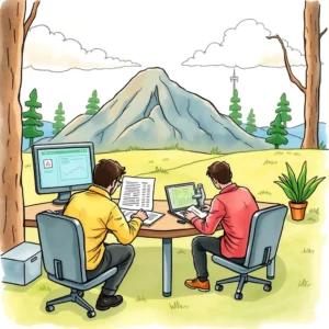 Test Closure Communication Assistant in use by engineers outdoors, drafting reports at a table.