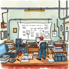 A cluttered office scene with a focused engineer working on test documentation at a computer.