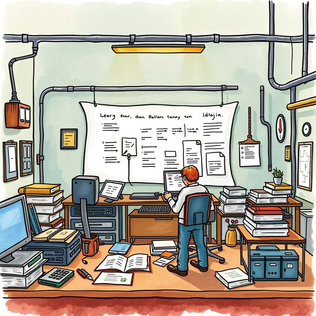 Test closure documentation helper: Create organized documentation for test closure processes 1 A cluttered office scene with a focused engineer working on test documentation at a computer.