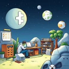 A focused engineer uses the Test Setup Checklist Creator tool in a creative workspace with celestial elements.
