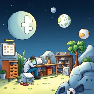 A focused engineer uses the Test Setup Checklist Creator tool in a creative workspace with celestial elements.