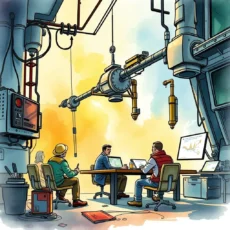 A group of engineers discussing a design review in a systems integration workspace.