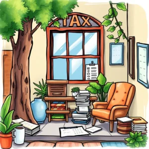 Cozy office corner with plants and tax paperwork scattered around.
