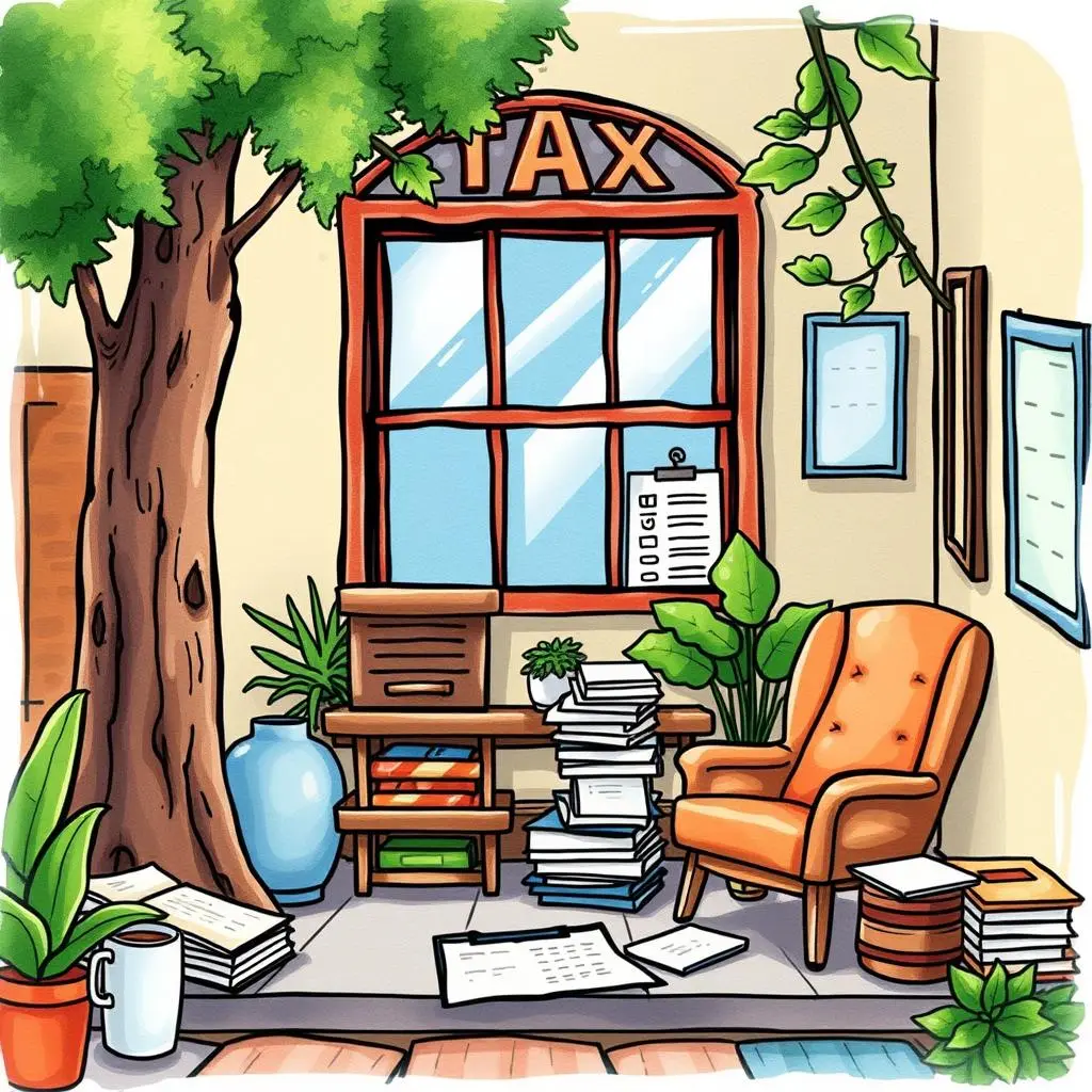Tax payment simplifier: Simplify complex tax payment calculations 1 Cozy office corner with plants and tax paperwork scattered around.