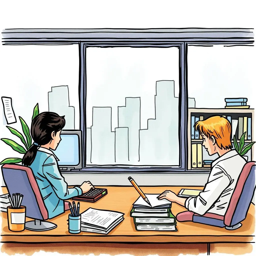 Data integrity checker: Verify accuracy in financial and tax records 1 Data analysts reviewing financial records with a city view in the background.