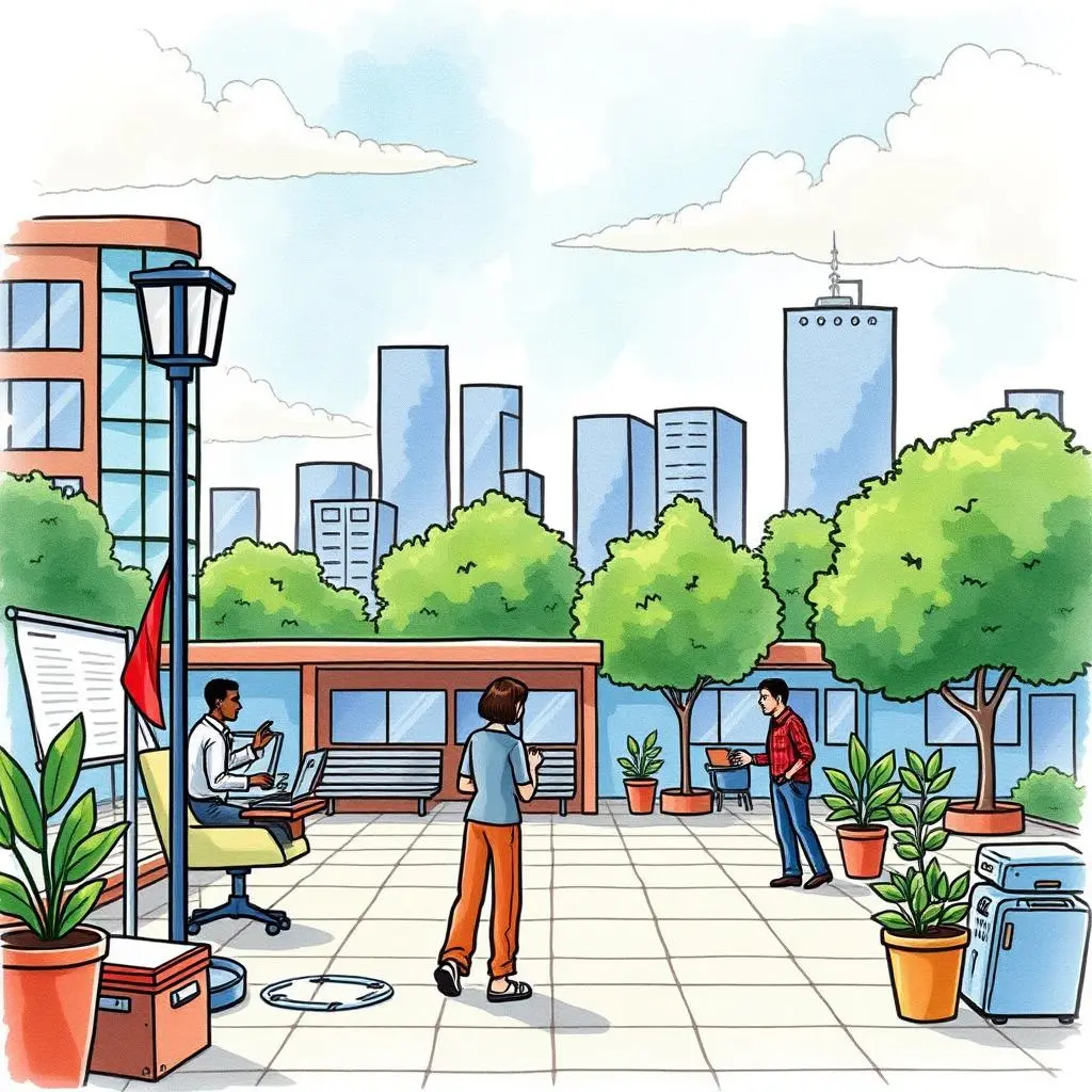 Tax filing accuracy assistant: Enhance tax data accuracy for filings 1 A modern office rooftop scene with professionals working on tax-related tasks surrounded by greenery.