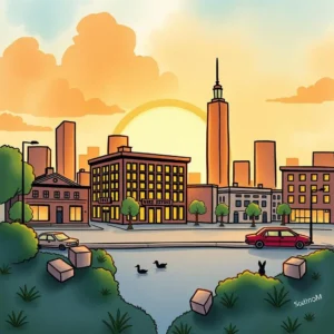 A vibrant cityscape depicting a sunset over urban buildings with trees and water in the foreground