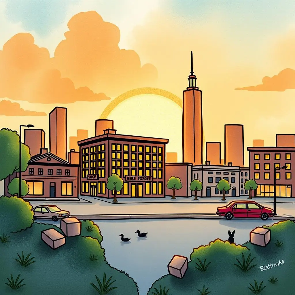 Tax information formatter: Standardize tax data for reporting purposes 1 A vibrant cityscape depicting a sunset over urban buildings with trees and water in the foreground