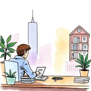 A tax analyst studying reports in a modern office setting.