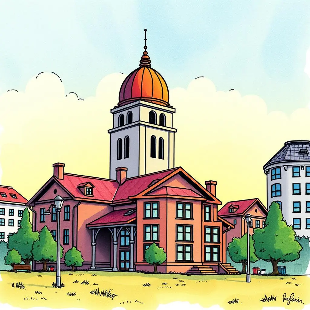 Colorful illustration of a classic governmental building in a cityscape.