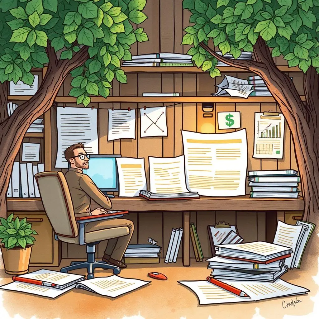 Tax documentation synthesizer: Combine tax documents into cohesive narratives 1 Tax Research Analyst working in a cluttered office filled with tax documents and trees.