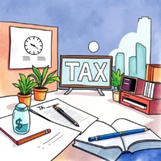 Creative workspace with tax-related documents and tools for research analysis.