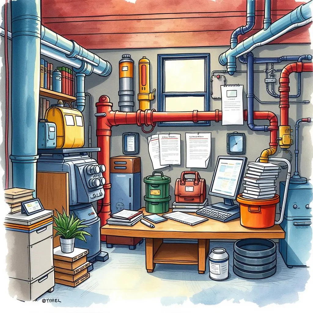 A cluttered engineering workspace with technical tools, documents, and a computer for structured data collection