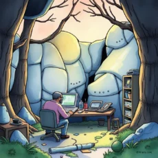 A person working on a laptop in a creative, cave-like workspace surrounded by trees and rocks.