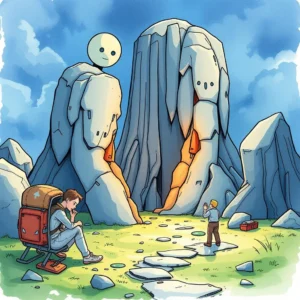 Hypothesis builder: Formulate testable hypotheses for research 3 A person contemplating in nature near rocks with a smiling character above, symbolizing exploration and ideas.