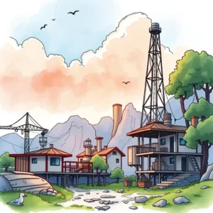 Investment Justification Simulator in a scenic industrial landscape with mountains and construction elements